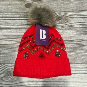 Boardman’s Red Sequin Knit Winter Hat Faux Fur Pom One Size NWT